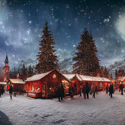 雪の日のクリスマスマーケットの写真