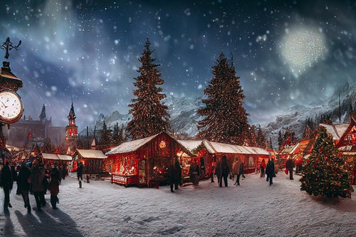 雪の日のクリスマスマーケットの写真