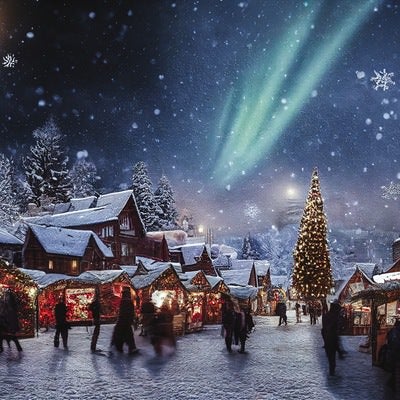 オーロラとクリスマスムードの街並みの写真