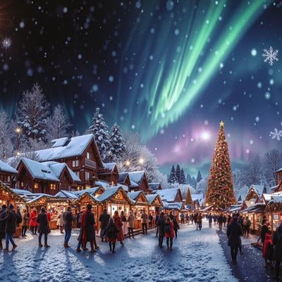 オーロラとクリスマスムードの街並みの写真