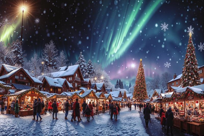 オーロラとクリスマスムードの街並みの写真