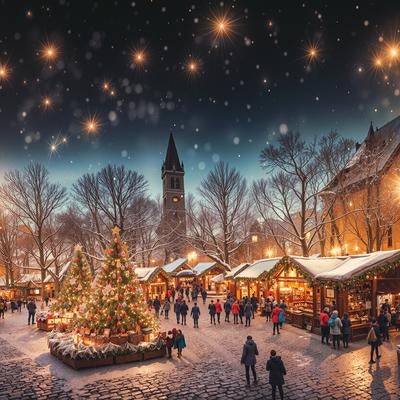 キラキラ光るクリスマスツリーを囲むイベントの写真