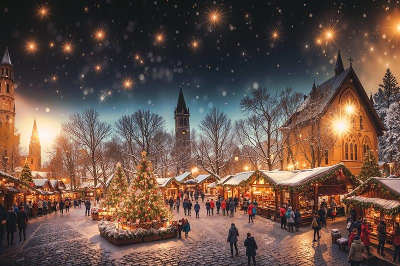 キラキラ光るクリスマスツリーを囲むイベントの写真