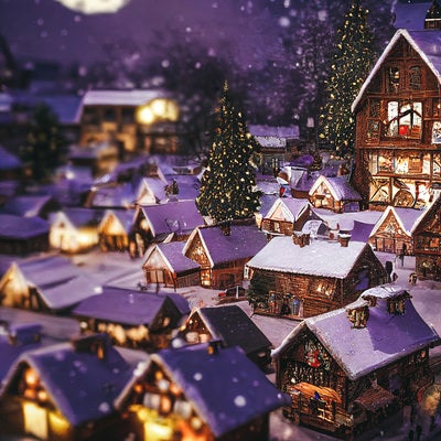 雪深い明かりが灯る集落の写真