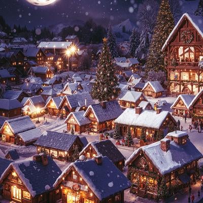 雪深い明かりが灯る集落の写真