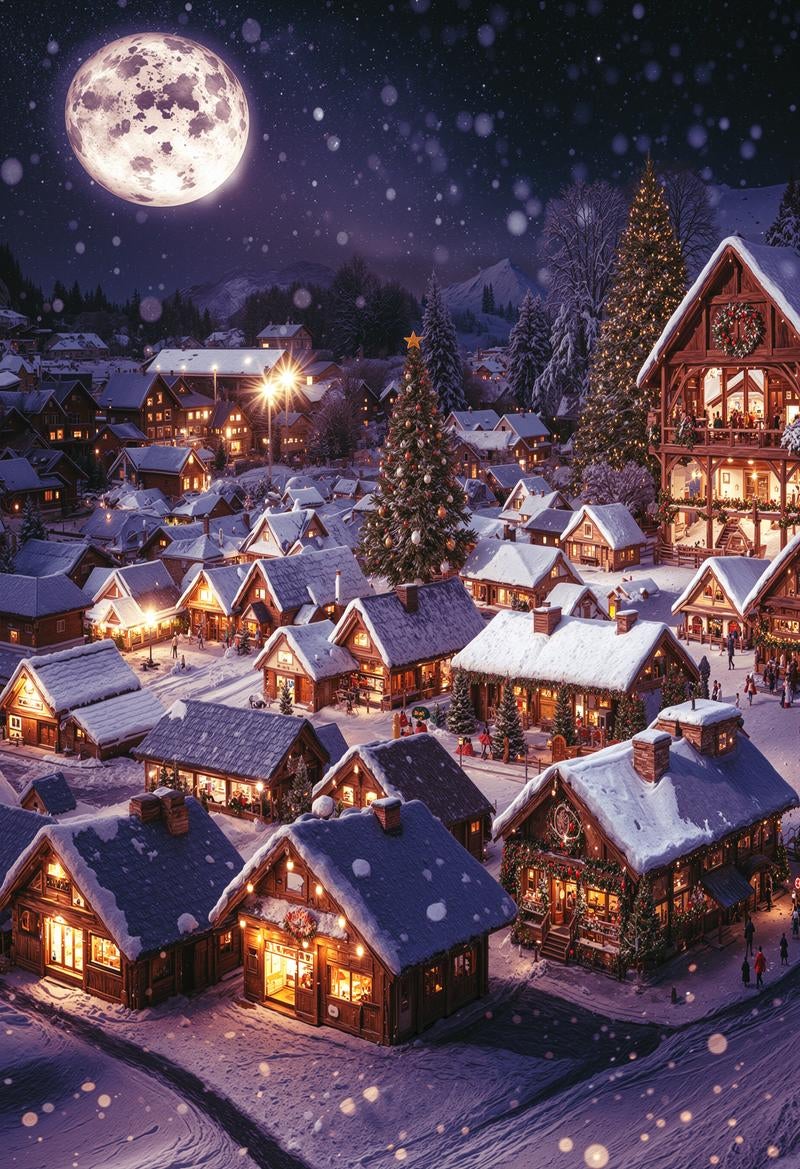 雪深い明かりが灯る集落の写真