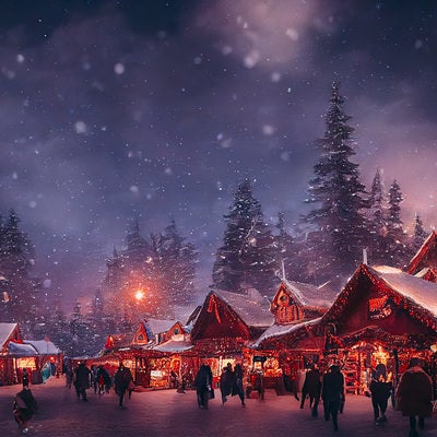 クリスマスショップのイルミネーションと舞い散る雪の写真