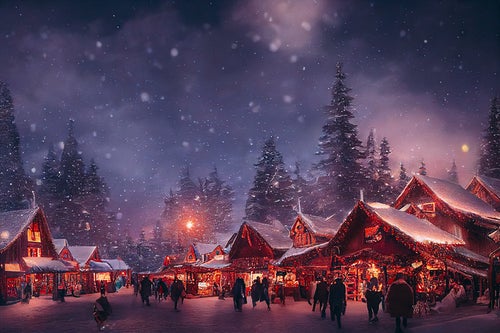 クリスマスショップのイルミネーションと舞い散る雪の写真