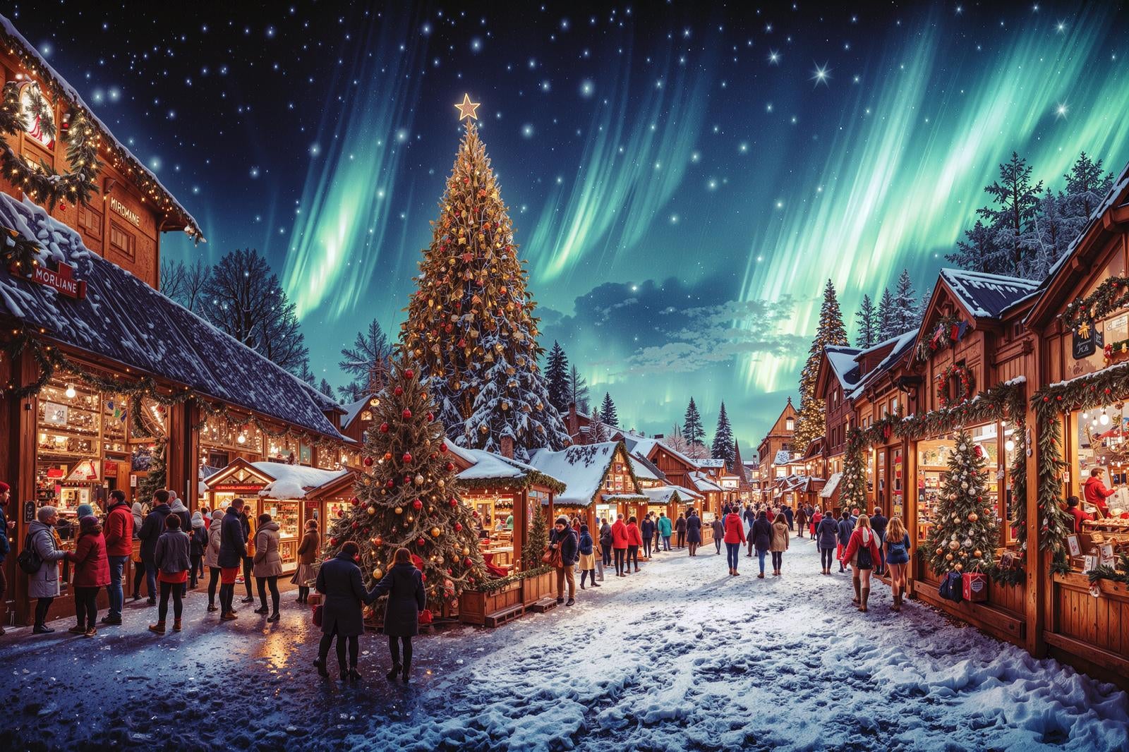 「オーロラが美しく輝く雪降るクリスマスマーケットの賑わい」の写真