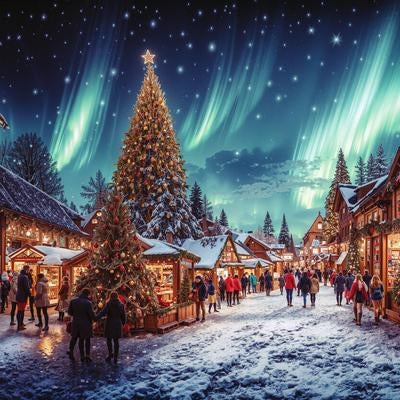 オーロラが美しく輝く雪降るクリスマスマーケットの賑わいの写真