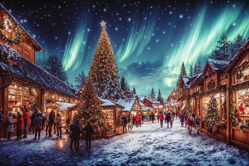 オーロラが美しく輝く雪降るクリスマスマーケットの賑わいの写真