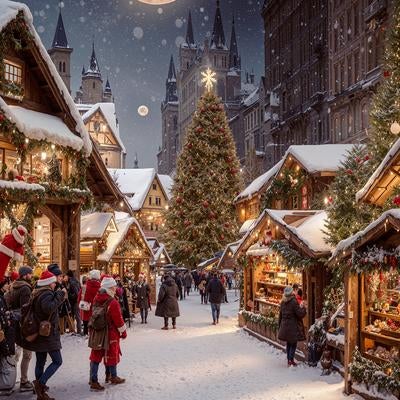 満月とクリスマスツリーの街の写真