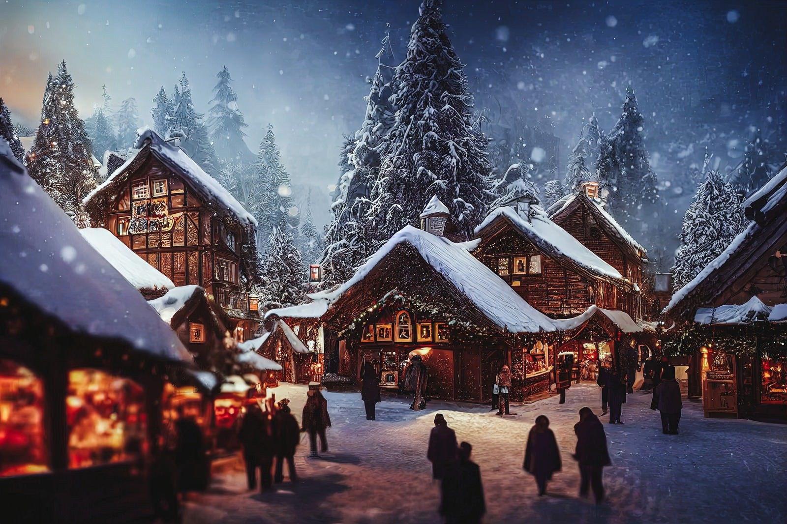 「屋根に雪が積もるクリスマスムードの街並み」の写真
