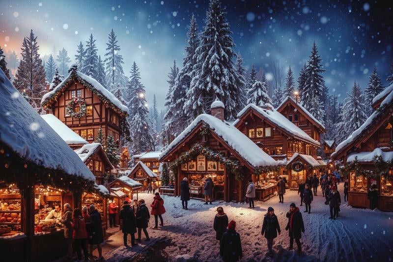 屋根に雪が積もるクリスマスムードの街並みの写真