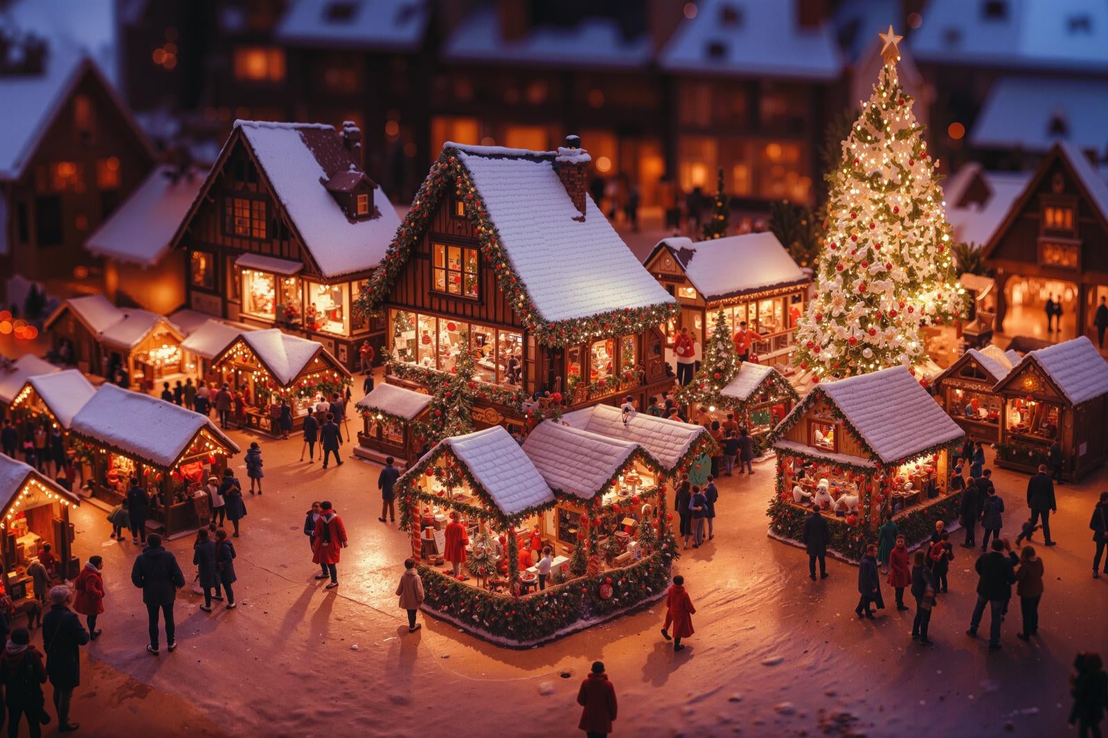 「ライトアップされたクリスマスツリーと街を彩るクリスマスショップ」の写真