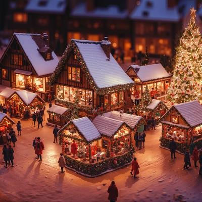 ライトアップされたクリスマスツリーと街を彩るクリスマスショップの写真