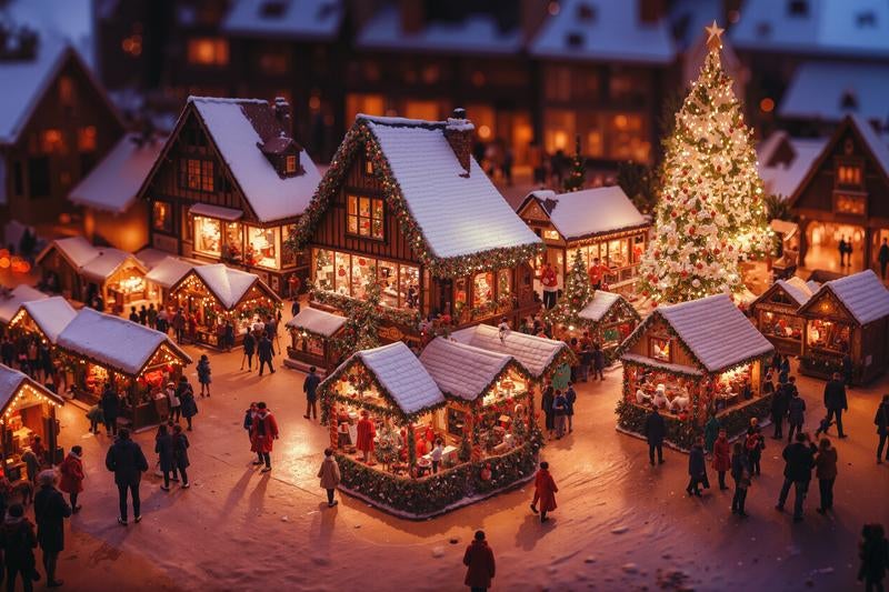 ライトアップされたクリスマスツリーと街を彩るクリスマスショップの写真