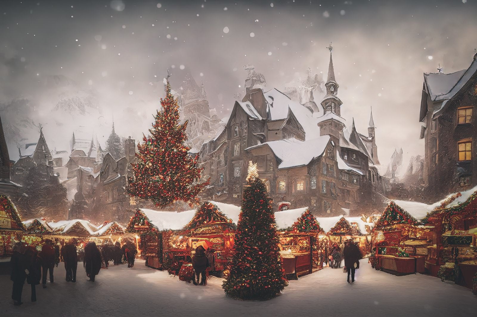 「雪が舞うクリスマスイブの街の様子」の写真