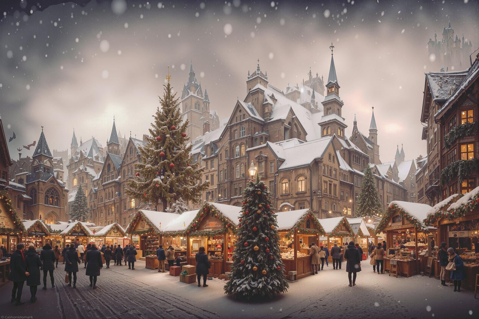 「雪が舞うクリスマスイブの街の様子」の写真