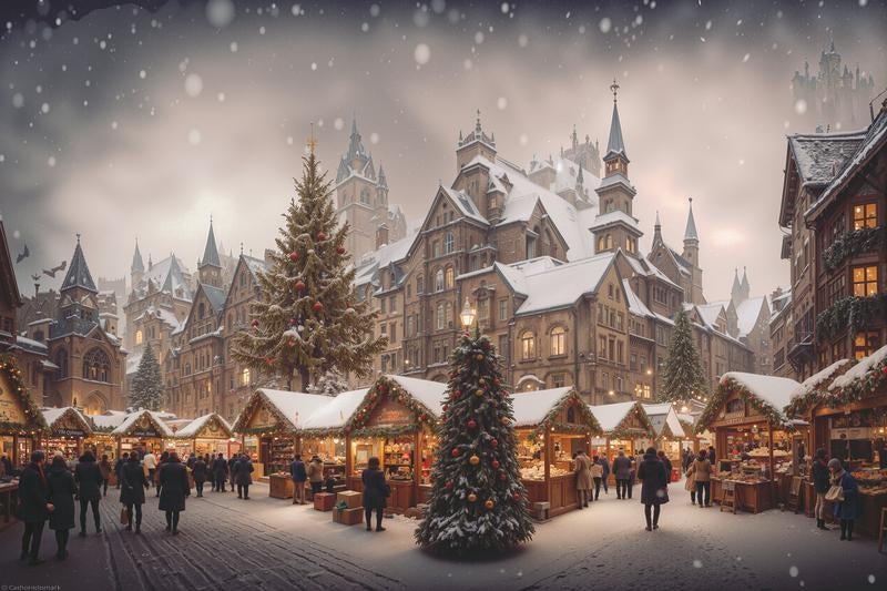 雪が舞うクリスマスイブの街の様子の写真