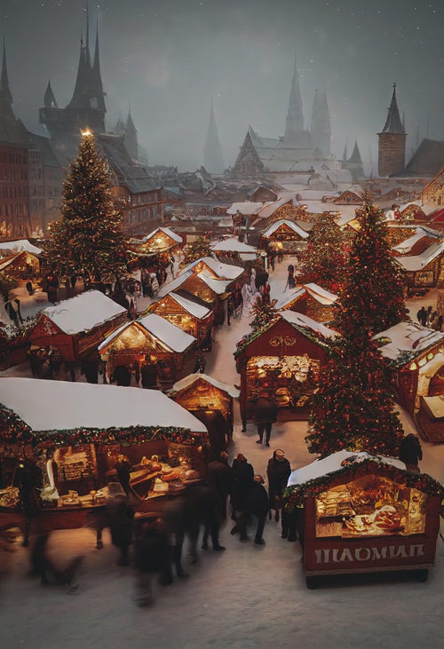 雪が降るクリスマスマーケットの写真