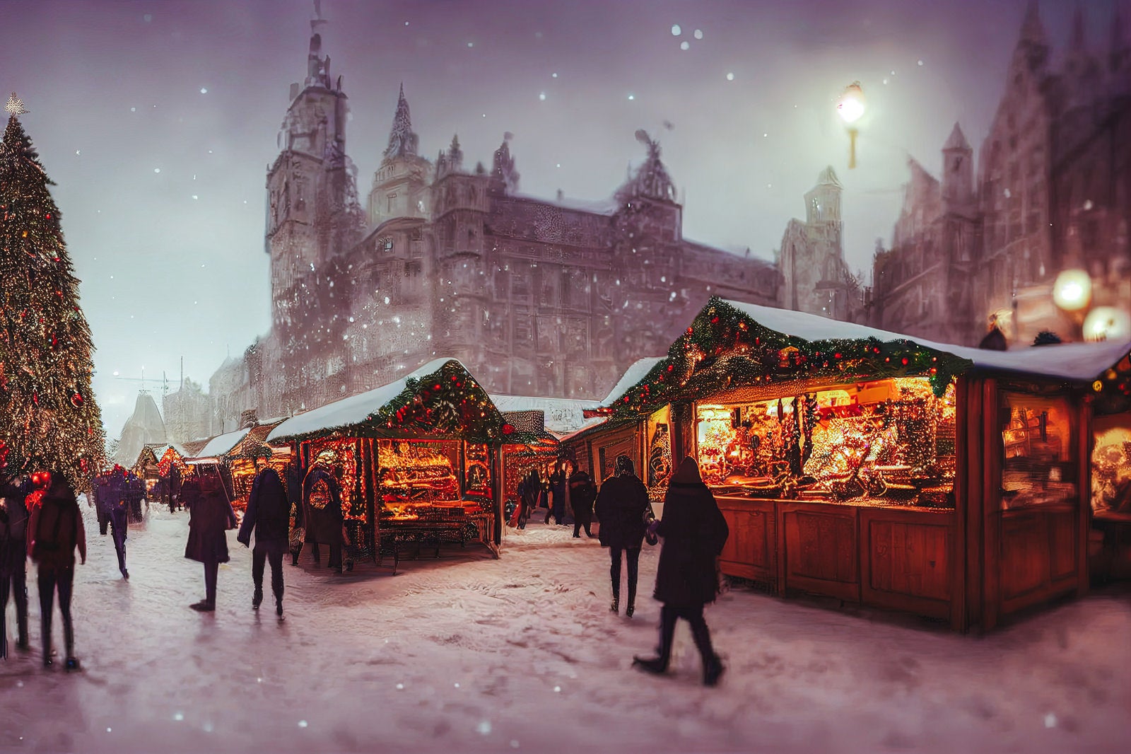 「雪が舞うクリスマスマーケットを行き交う人」の写真
