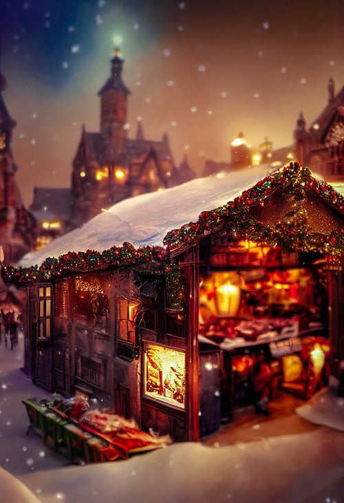 雪が降る街とクリスマスデコしたショップの写真
