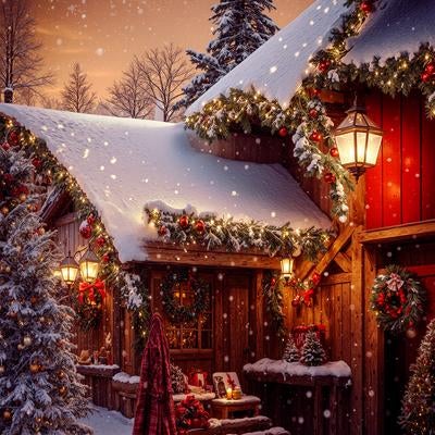 雪景色のクリスマス小屋と温かい灯りの写真