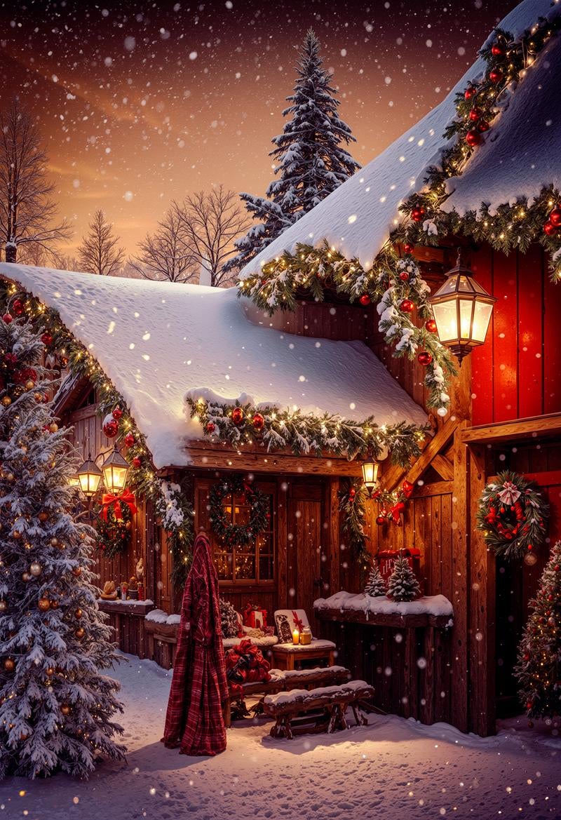 雪景色のクリスマス小屋と温かい灯り photo