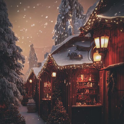 雪が降るクリスマスショップの写真