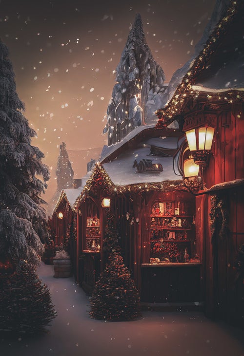 雪が降るクリスマスショップの写真