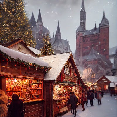 雪が降る屋外のクリスマスマーケットの写真