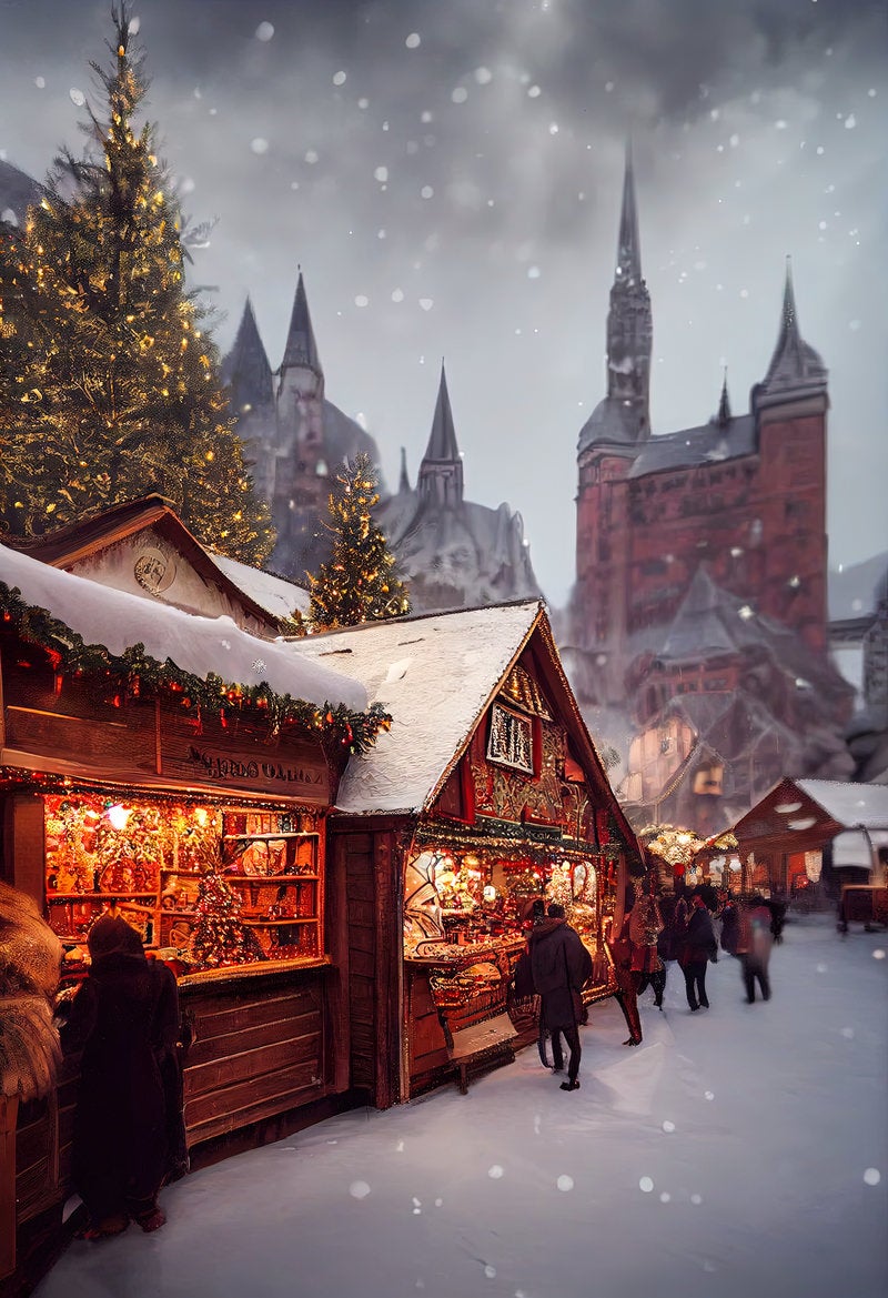 「雪が降る屋外のクリスマスマーケット」の写真