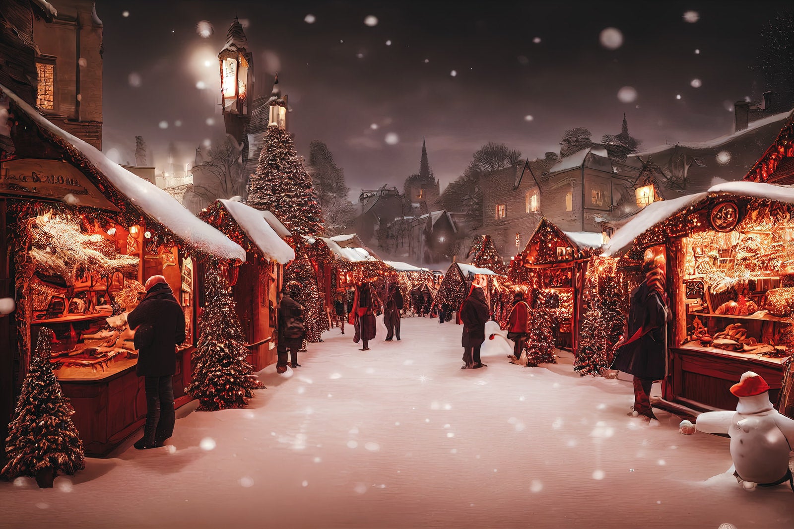 「クリスマスツリーと明かりがついたマーケット」の写真