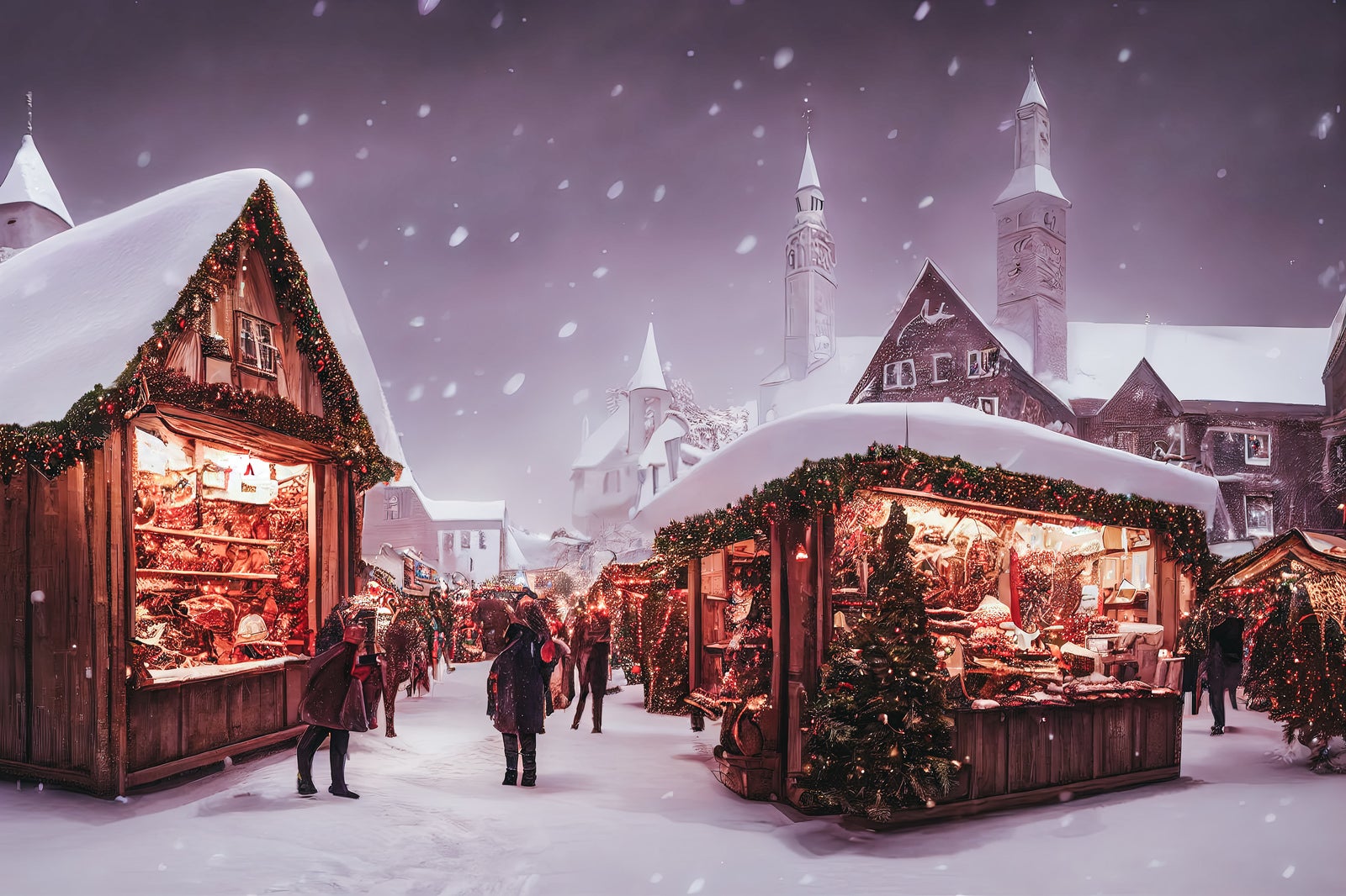 「舞い散る雪とクリスマスに関連したイベントに出店するショップ」の写真