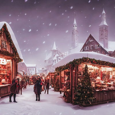 舞い散る雪とクリスマスに関連したイベントに出店するショップの写真