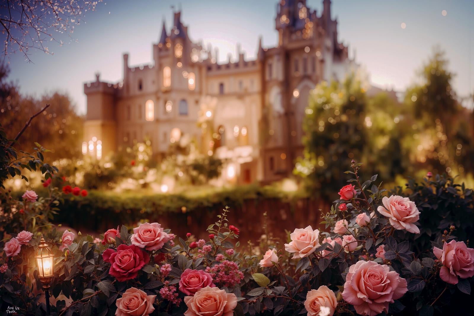 「散りばめられたイルミネーションと薔薇の花」の写真