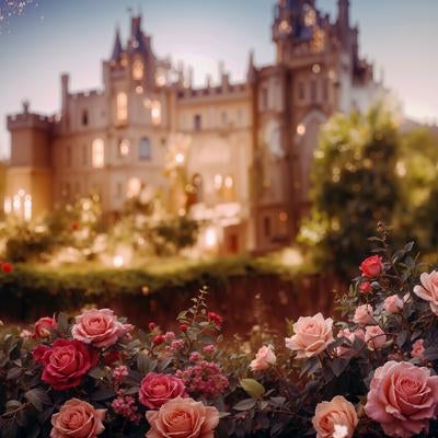 散りばめられたイルミネーションと薔薇の花の写真