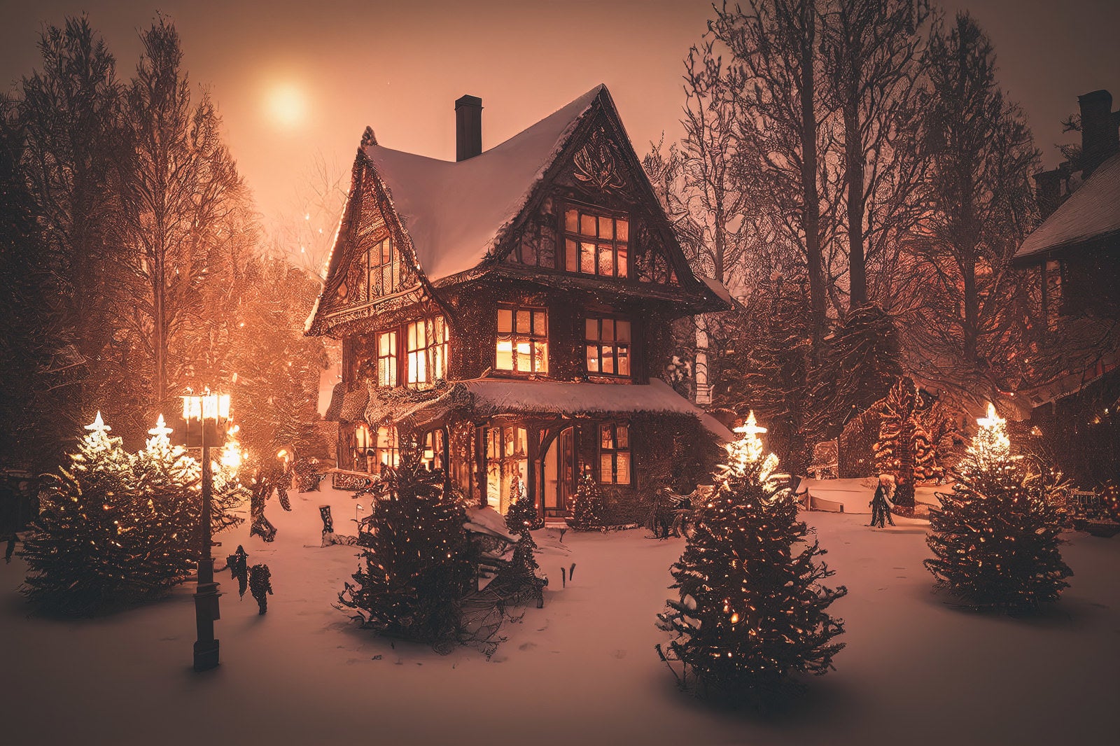 「積雪と洋館の明かり」の写真