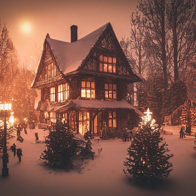 積雪と洋館の明かりの写真