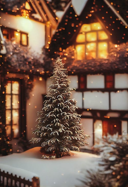 キラキラ光る降雪と中庭のクリスマスツリーの写真