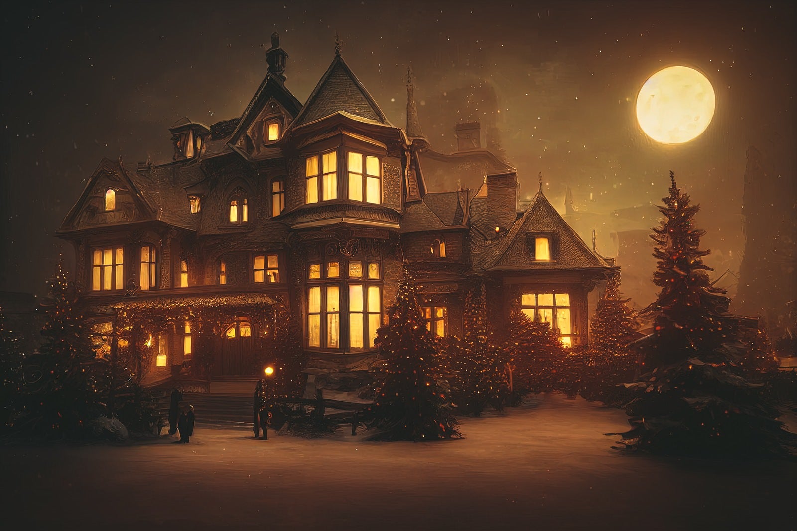 「月に照らされたクリスマスツリーと洋館」の写真
