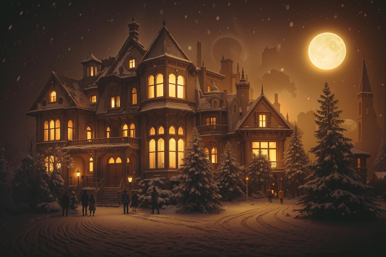 月に照らされたクリスマスツリーと洋館 photo