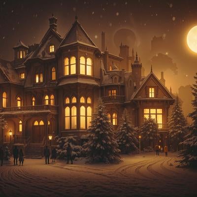 月に照らされたクリスマスツリーと洋館の写真