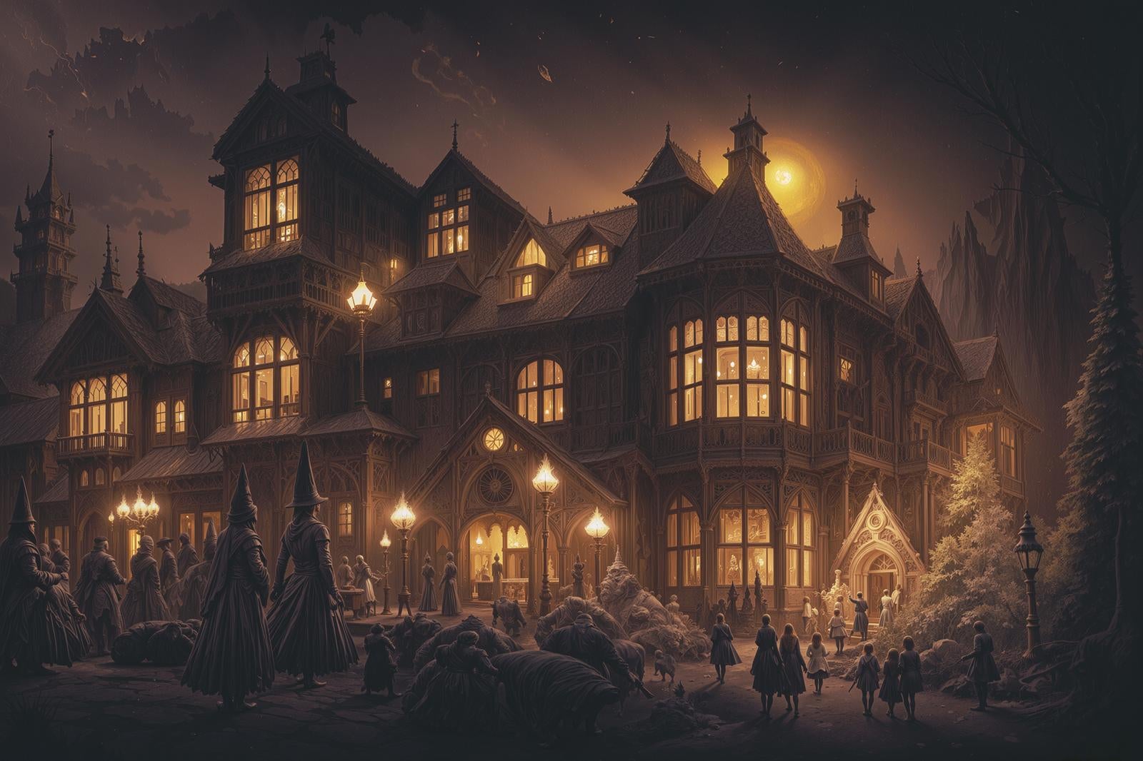 「夜の洋館の窓から漏れる明かり」の写真