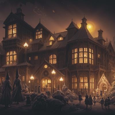 夜の洋館の窓から漏れる明かりの写真