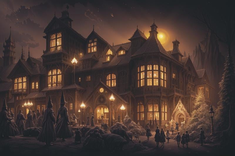 夜の洋館の窓から漏れる明かりの写真