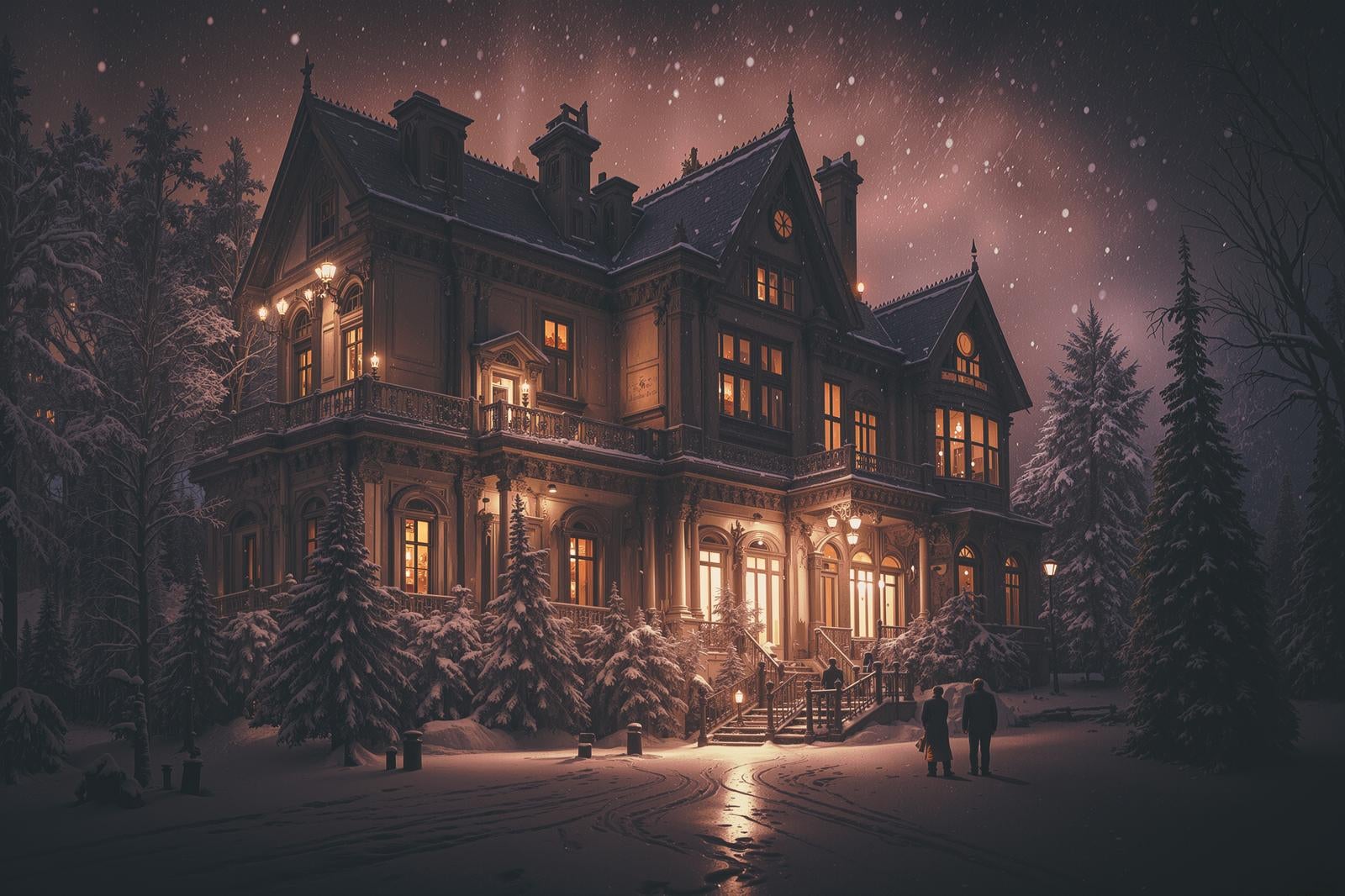 「舞い散る雪と明かり灯る洋館」の写真
