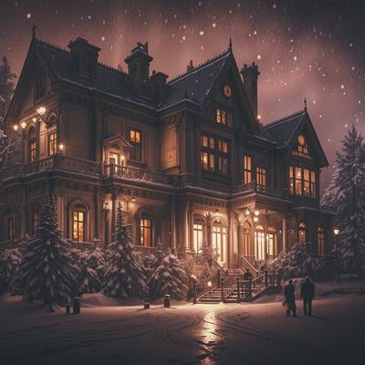 舞い散る雪と明かり灯る洋館の写真