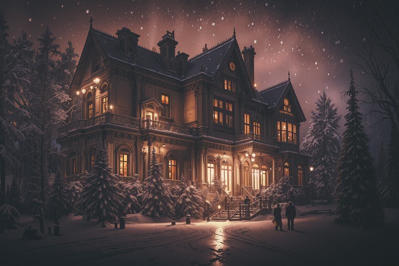 舞い散る雪と明かり灯る洋館の写真